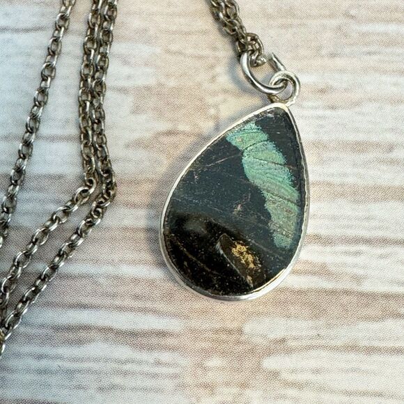 950 Silver Morpho And Red Butterfly Two Sided Pendant Necklace Fairycore Whimsy - Picture 1 of 16